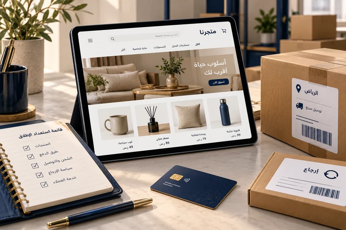 Generated editorial illustration: Launching a Saudi online store: payments, delivery and support
