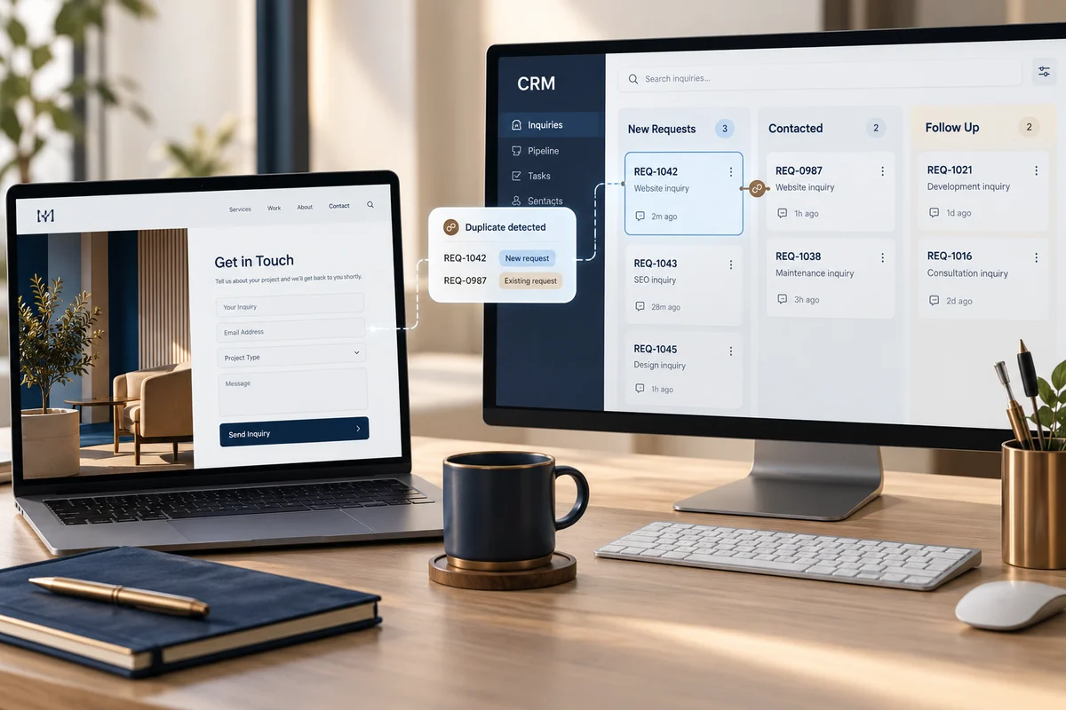 صورة توضيحية مولّدة لدليل: من نموذج الموقع إلى CRM: مسار متابعة يحافظ على الاستفسارات